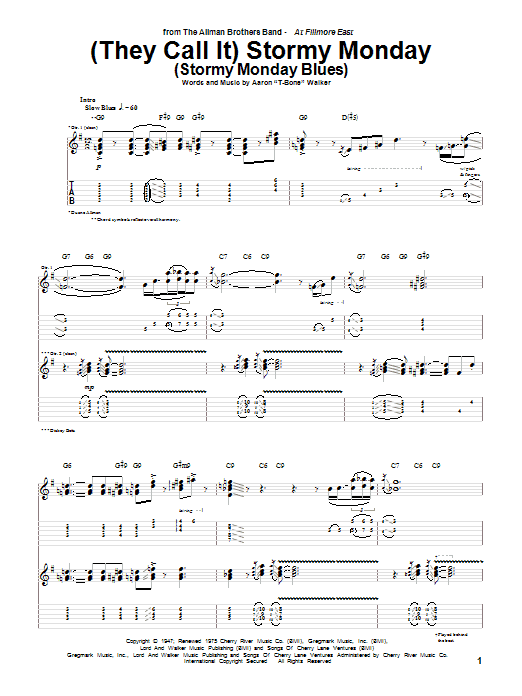 Preview Allman Brothers Band (They Call It) Stormy Monday (Stormy Monday Blues) Pop sheet music, notes and chords for Guitar Tab, SKU: 72825 sheet music, piano notes, chords, guitar tabs, score, transpose, transcribe, how to play, guide, download, learn, tutorial, progression, song, artist, awards, billboard, mtv, vh1, tour, single, album, release