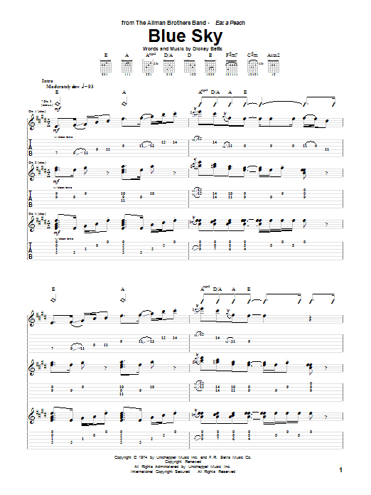 Download The Allman Brothers Band Blue Sky sheet music and printable PDF score & Country music notes