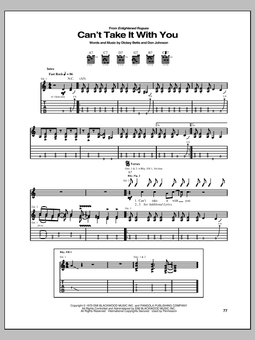 Preview Allman Brothers Band Can't Take It With You Pop sheet music, notes and chords for Guitar Tab, SKU: 69277 Download Allman Brothers Band Can't Take It With You sheet music and printable PDF score & Pop music notes
