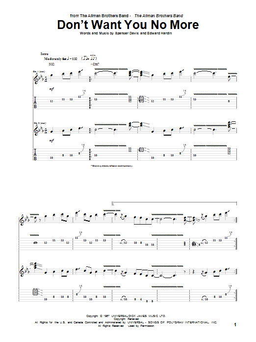 Preview Allman Brothers Band Don't Want You No More Pop sheet music, notes and chords for Guitar Tab, SKU: 72835 Download Allman Brothers Band Don't Want You No More sheet music and printable PDF score & Pop music notes