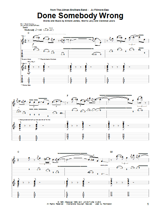 Download Allman Brothers Band Done Somebody Wrong sheet music and printable PDF score & Pop music notes