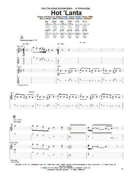 Preview The Allman Brothers Band Hot 'Lanta Pop sheet music, notes and chords for Guitar Tab, SKU: 72828 sheet music, piano notes, chords, guitar tabs, score, transpose, transcribe, how to play, guide, download, learn, tutorial, progression, song, artist, awards, billboard, mtv, vh1, tour, single, album, release