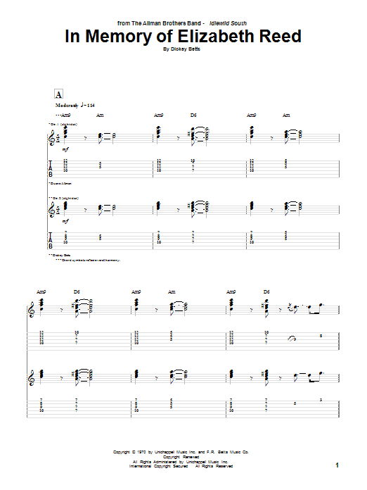 Preview The Allman Brothers Band In Memory Of Elizabeth Reed Country sheet music, notes and chords for Guitar Tab, SKU: 72836 sheet music, piano notes, chords, guitar tabs, score, transpose, transcribe, how to play, guide, download, learn, tutorial, progression, song, artist, awards, billboard, mtv, vh1, tour, single, album, release