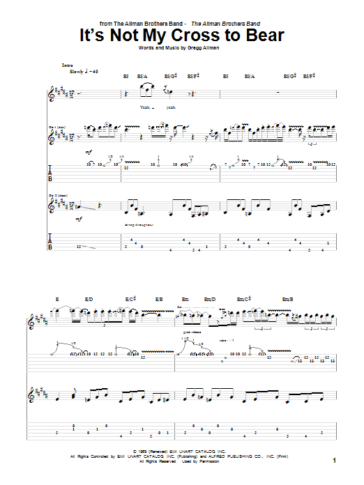 Download Allman Brothers Band It's Not My Cross To Bear sheet music and printable PDF score & Country music notes