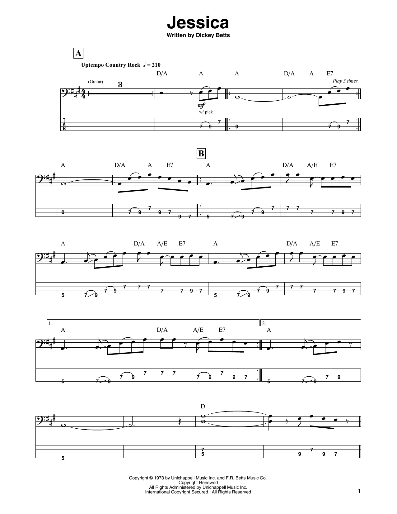 Download The Allman Brothers Band Jessica sheet music and printable PDF score & Pop music notes