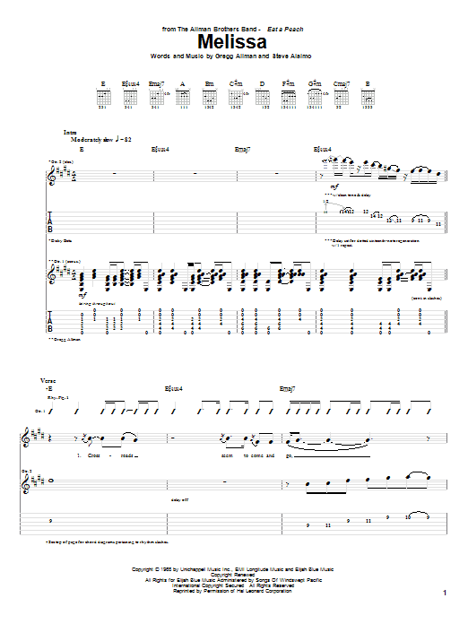 Download Allman Brothers Band Melissa sheet music and printable PDF score & Pop music notes