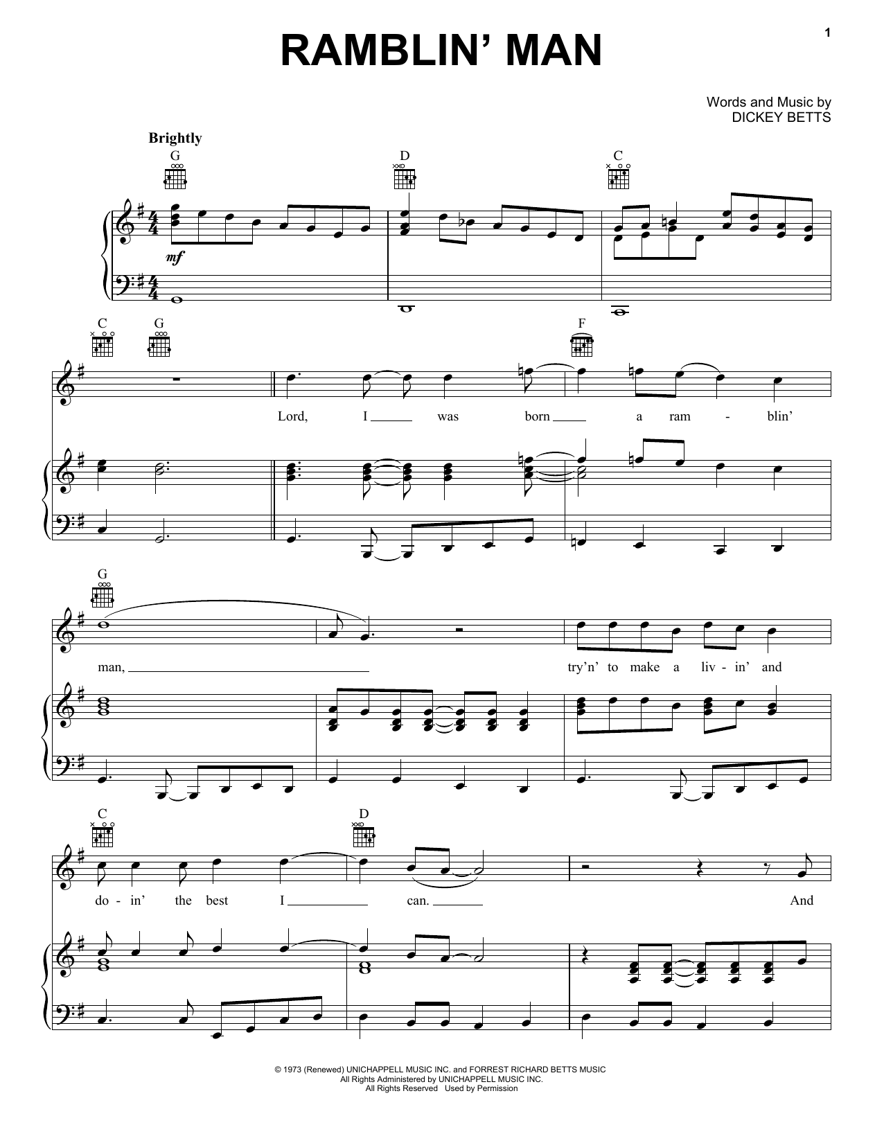 Preview Allman Brothers Band Ramblin' Man Pop sheet music, notes and chords for Piano, Vocal & Guitar (Right-Hand Melody), SKU: 16672 Download Allman Brothers Band Ramblin' Man sheet music and printable PDF score & Pop music notes