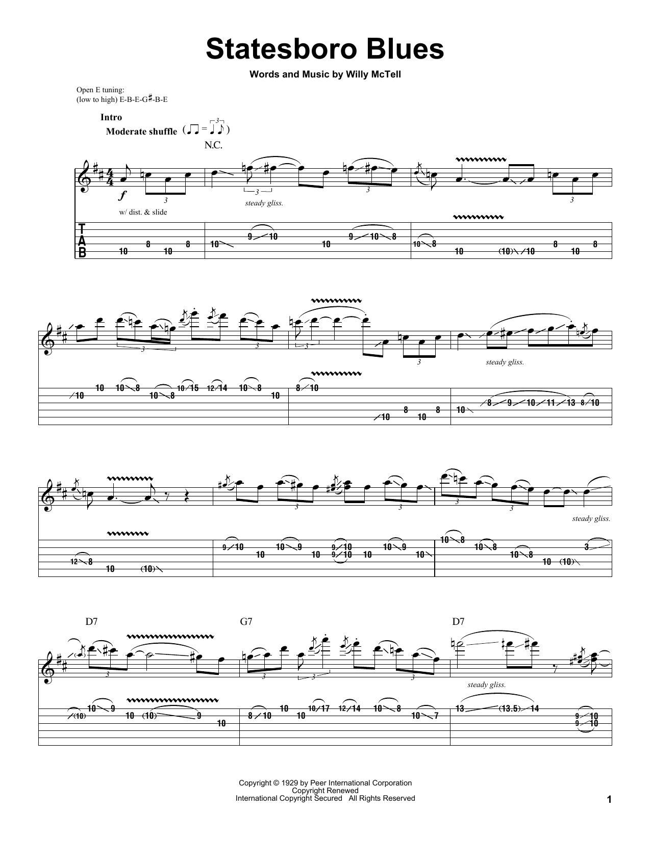 Download Allman Brothers Band Statesboro Blues sheet music and printable PDF score & Country music notes