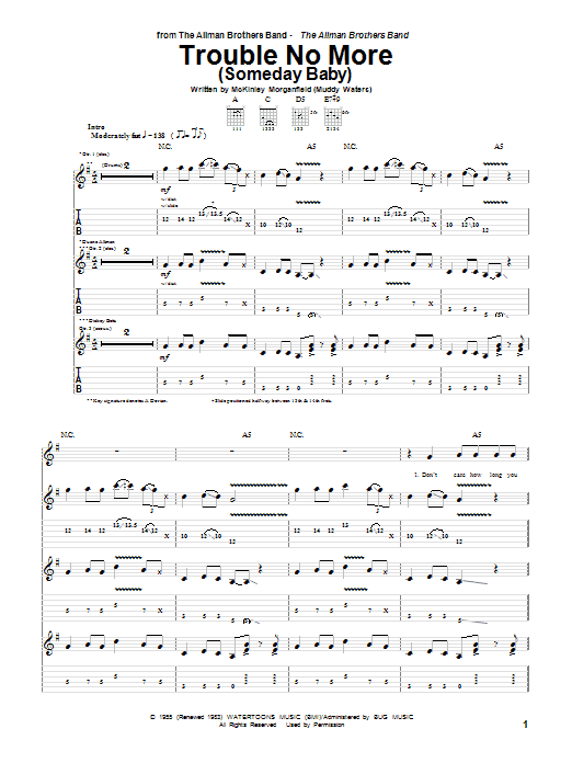 Preview Allman Brothers Band Trouble No More (Someday Baby) Country sheet music, notes and chords for Guitar Tab, SKU: 72829 sheet music, piano notes, chords, guitar tabs, score, transpose, transcribe, how to play, guide, download, learn, tutorial, progression, song, artist, awards, billboard, mtv, vh1, tour, single, album, release