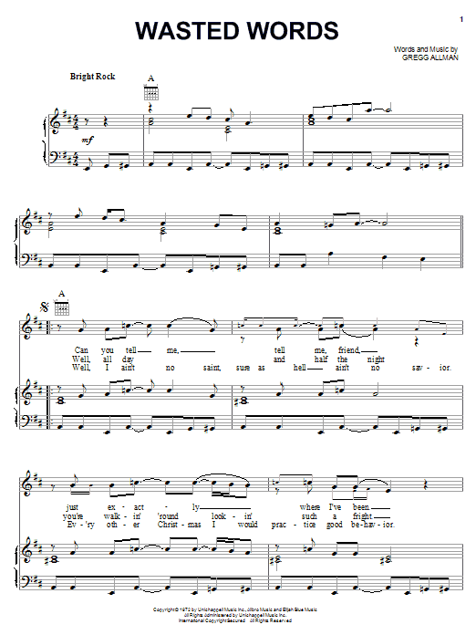 Download The Allman Brothers Band Wasted Words sheet music and printable PDF score & Rock music notes