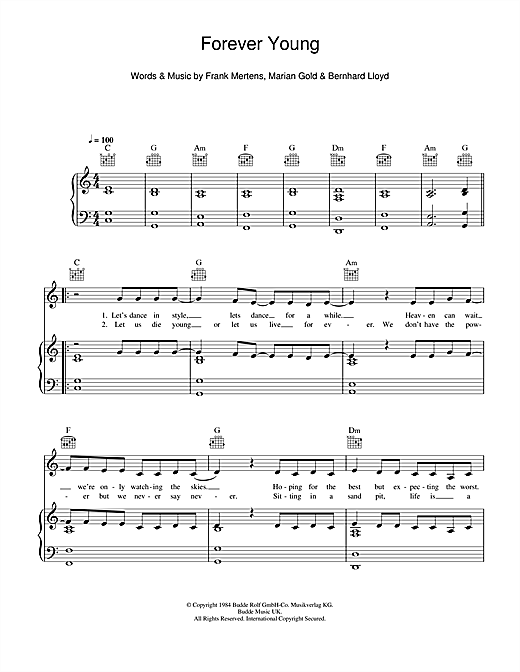 Preview Alphaville Forever Young Pop sheet music, notes and chords for Piano, Vocal & Guitar (Right-Hand Melody), SKU: 114781 sheet music, piano notes, chords, guitar tabs, score, transpose, transcribe, how to play, guide, download, learn, tutorial, progression, song, artist, awards, billboard, mtv, vh1, tour, single, album, release