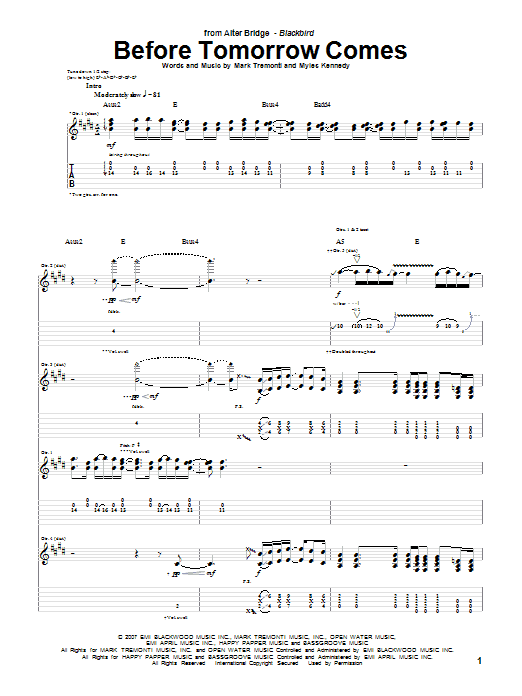 Preview Alter Bridge Before Tomorrow Comes Pop sheet music, notes and chords for Guitar Tab, SKU: 69624 Download Alter Bridge Before Tomorrow Comes sheet music and printable PDF score & Pop music notes