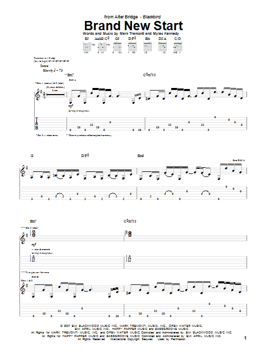 Preview Alter Bridge Brand New Start Pop sheet music, notes and chords for Guitar Tab, SKU: 69643 Download Alter Bridge Brand New Start sheet music and printable PDF score & Pop music notes