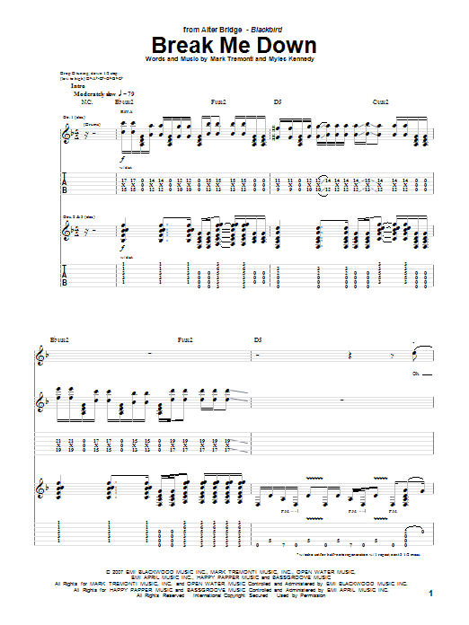 Preview Alter Bridge Break Me Down Pop sheet music, notes and chords for Guitar Tab, SKU: 69642 Download Alter Bridge Break Me Down sheet music and printable PDF score & Pop music notes