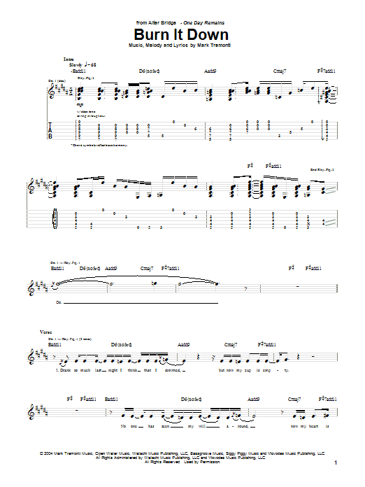 Download Alter Bridge Burn It Down sheet music and printable PDF score & Pop music notes