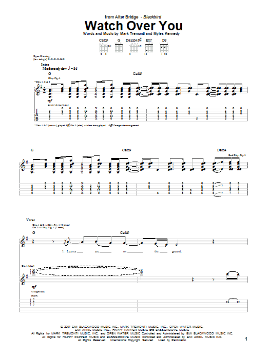 Preview Alter Bridge Watch Over You Pop sheet music, notes and chords for Guitar Tab, SKU: 69636 Download Alter Bridge Watch Over You sheet music and printable PDF score & Pop music notes