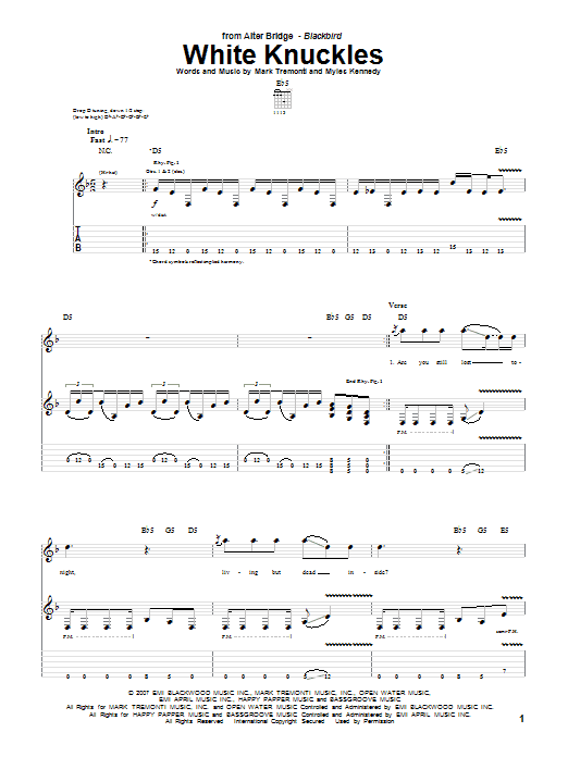 Preview Alter Bridge White Knuckles Pop sheet music, notes and chords for Guitar Tab, SKU: 69634 Download Alter Bridge White Knuckles sheet music and printable PDF score & Pop music notes