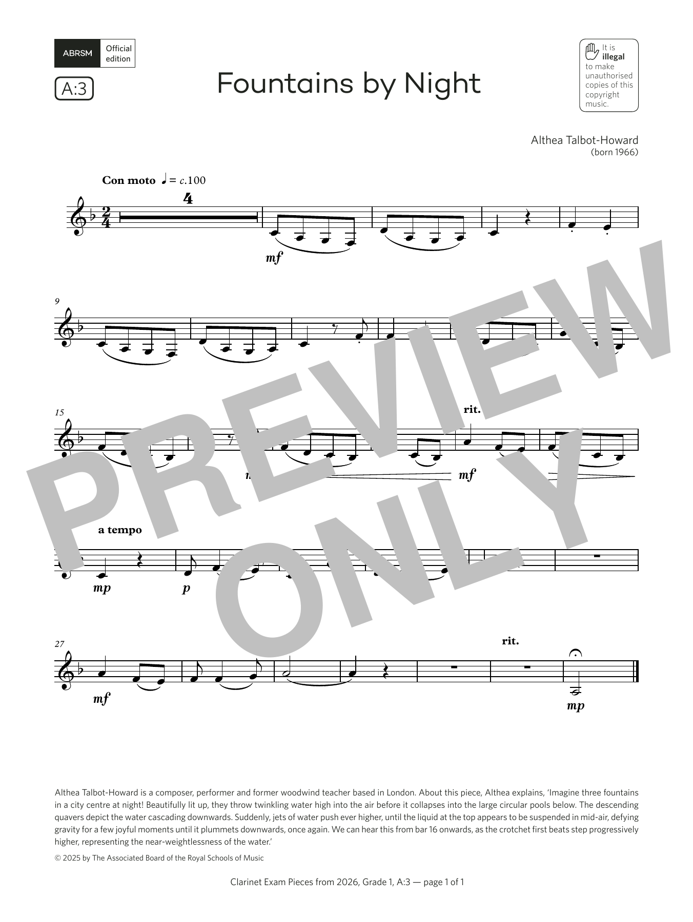 Althea Talbot-Howard Fountains by Night (Grade 1, list A3, from the ABRSM Clarinet Syllabus from 2026) Sheet Music & Chords for Clarinet Solo - Download or Print PDF