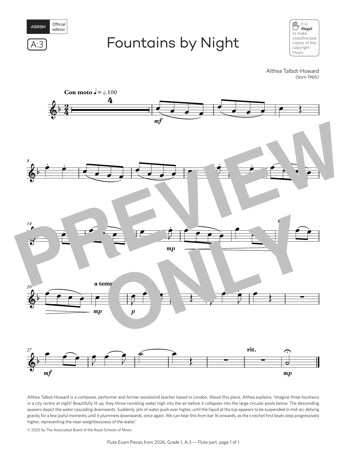 Althea Talbot-Howard Fountains by Night (Grade 1, list A3, from the ABRSM Flute Syllabus from 2026) Sheet Music & Chords for Flute Solo - Download or Print PDF