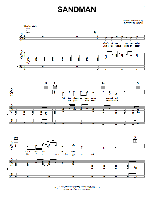 Download America Sandman sheet music and printable PDF score & Pop music notes