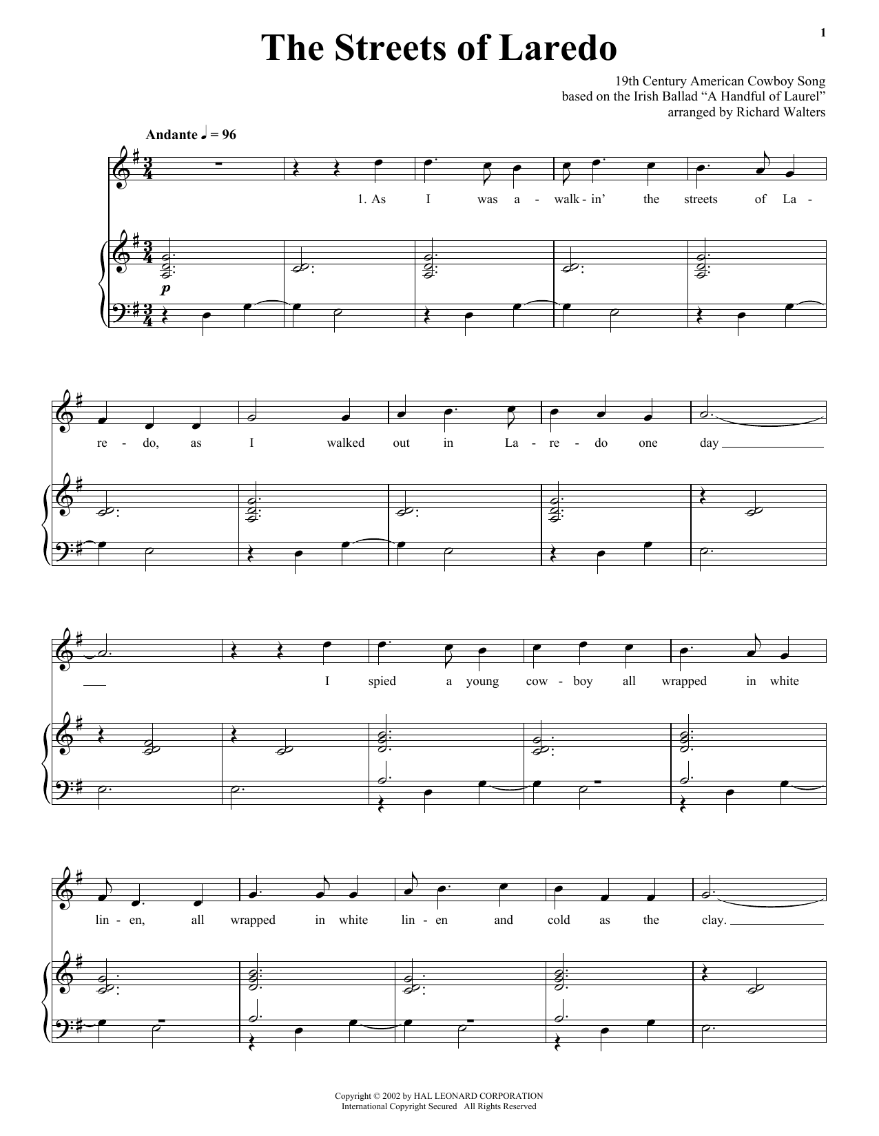 Preview American Cowboy Song The Streets Of Laredo Country sheet music, notes and chords for Piano, Vocal & Guitar (Right-Hand Melody), SKU: 58616 sheet music, piano notes, chords, guitar tabs, score, transpose, transcribe, how to play, guide, download, learn, tutorial, progression, song, artist, awards, billboard, mtv, vh1, tour, single, album, release