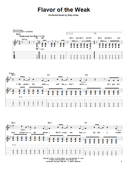 Preview American Hi-Fi Flavor Of The Weak Rock sheet music, notes and chords for Bass Guitar Tab, SKU: 31987 Download American Hi-Fi Flavor Of The Weak sheet music and printable PDF score & Rock music notes