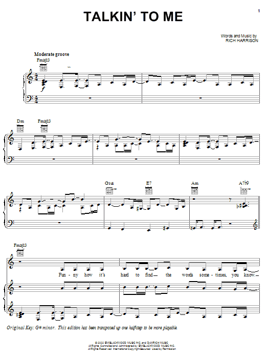 Preview Amerie Talkin' To Me Pop sheet music, notes and chords for Piano, Vocal & Guitar (Right-Hand Melody), SKU: 22219 Download Amerie Talkin' To Me sheet music and printable PDF score & Pop music notes
