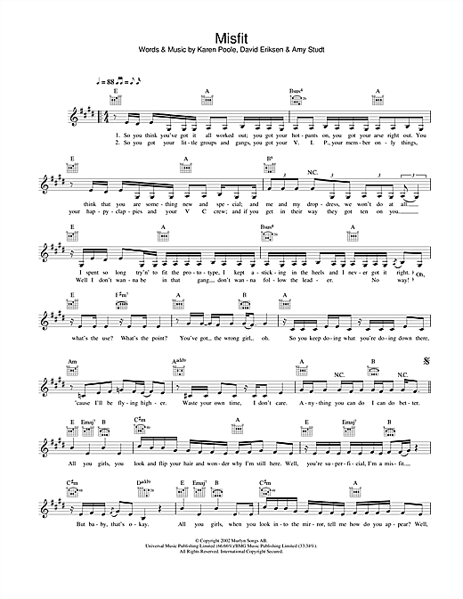 Download Amy Studt Misfit sheet music and printable PDF score & Pop music notes