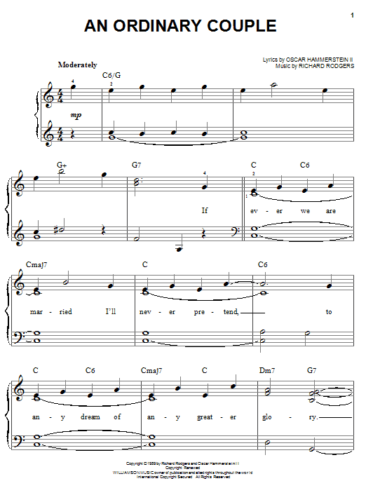 Preview Rodgers & Hammerstein An Ordinary Couple Musicals sheet music, notes and chords for Easy Piano, SKU: 24179 sheet music, piano notes, chords, guitar tabs, score, transpose, transcribe, how to play, guide, download, learn, tutorial, progression, song, artist, awards, billboard, mtv, vh1, tour, single, album, release