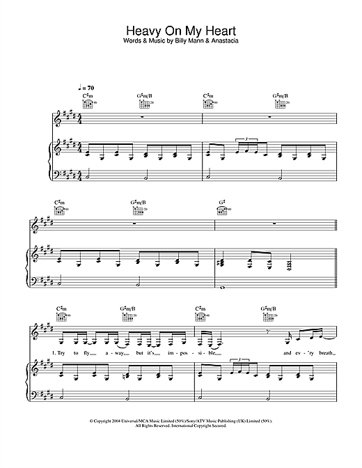 Preview Anastacia Heavy On My Heart R & B sheet music, notes and chords for Piano, Vocal & Guitar, SKU: 28000 sheet music, piano notes, chords, guitar tabs, score, transpose, transcribe, how to play, guide, download, learn, tutorial, progression, song, artist, awards, billboard, mtv, vh1, tour, single, album, release