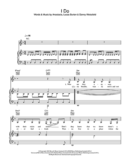 Preview Anastacia I Do R & B sheet music, notes and chords for Piano, Vocal & Guitar, SKU: 28001 sheet music, piano notes, chords, guitar tabs, score, transpose, transcribe, how to play, guide, download, learn, tutorial, progression, song, artist, awards, billboard, mtv, vh1, tour, single, album, release