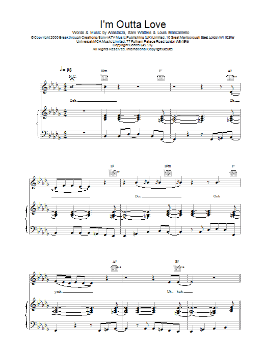 Download Anastacia I'm Outta Love sheet music and printable PDF score & R & B music notes