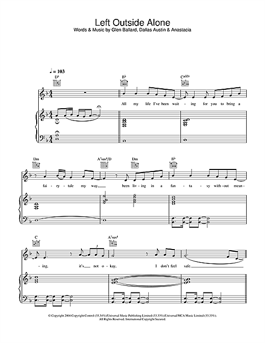 Preview Anastacia Left Outside Alone R & B sheet music, notes and chords for Piano, Vocal & Guitar, SKU: 28002 sheet music, piano notes, chords, guitar tabs, score, transpose, transcribe, how to play, guide, download, learn, tutorial, progression, song, artist, awards, billboard, mtv, vh1, tour, single, album, release