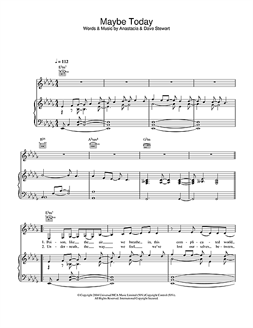 Preview Anastacia Maybe Today R & B sheet music, notes and chords for Piano, Vocal & Guitar, SKU: 28003 sheet music, piano notes, chords, guitar tabs, score, transpose, transcribe, how to play, guide, download, learn, tutorial, progression, song, artist, awards, billboard, mtv, vh1, tour, single, album, release