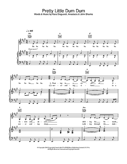Preview Anastacia Pretty Little Dum Dum R & B sheet music, notes and chords for Piano, Vocal & Guitar, SKU: 28004 sheet music, piano notes, chords, guitar tabs, score, transpose, transcribe, how to play, guide, download, learn, tutorial, progression, song, artist, awards, billboard, mtv, vh1, tour, single, album, release