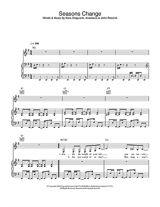 Preview Anastacia Seasons Change R & B sheet music, notes and chords for Piano, Vocal & Guitar, SKU: 28006 sheet music, piano notes, chords, guitar tabs, score, transpose, transcribe, how to play, guide, download, learn, tutorial, progression, song, artist, awards, billboard, mtv, vh1, tour, single, album, release