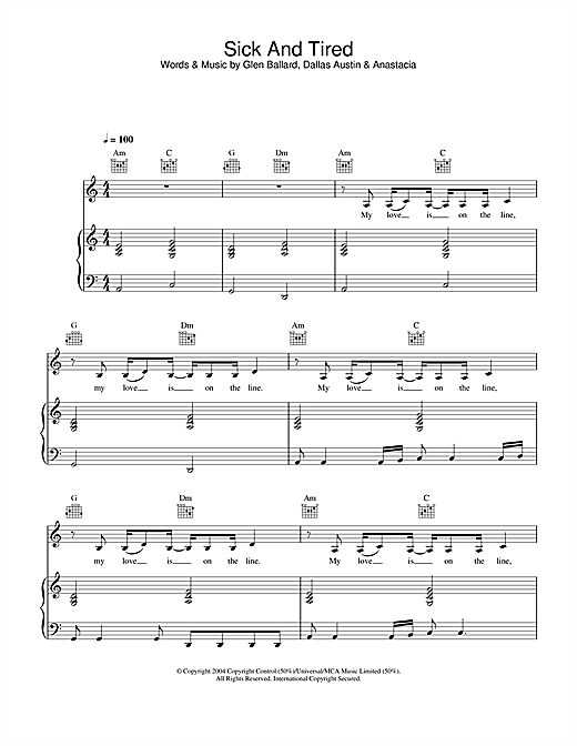 Preview Anastacia Sick And Tired R & B sheet music, notes and chords for Piano, Vocal & Guitar, SKU: 28008 sheet music, piano notes, chords, guitar tabs, score, transpose, transcribe, how to play, guide, download, learn, tutorial, progression, song, artist, awards, billboard, mtv, vh1, tour, single, album, release