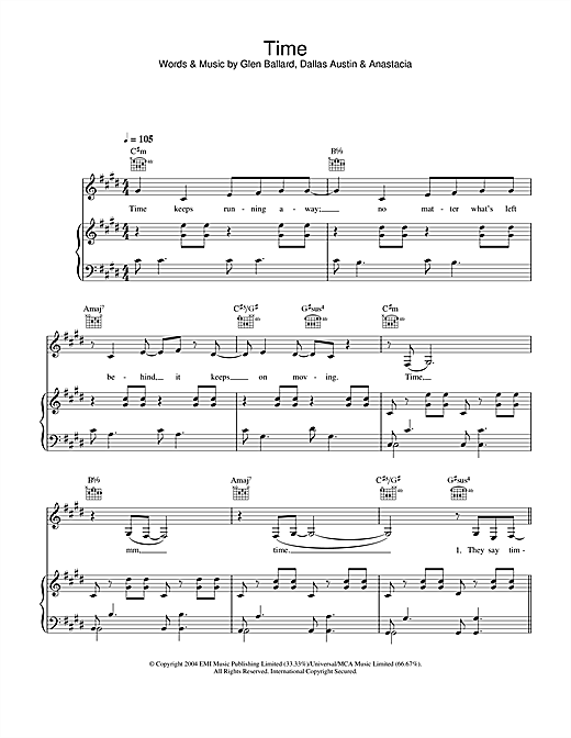 Preview Anastacia Time R & B sheet music, notes and chords for Piano, Vocal & Guitar, SKU: 28009 sheet music, piano notes, chords, guitar tabs, score, transpose, transcribe, how to play, guide, download, learn, tutorial, progression, song, artist, awards, billboard, mtv, vh1, tour, single, album, release