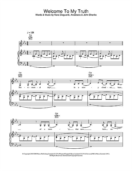 Preview Anastacia Welcome To My Truth R & B sheet music, notes and chords for Piano, Vocal & Guitar, SKU: 28010 sheet music, piano notes, chords, guitar tabs, score, transpose, transcribe, how to play, guide, download, learn, tutorial, progression, song, artist, awards, billboard, mtv, vh1, tour, single, album, release