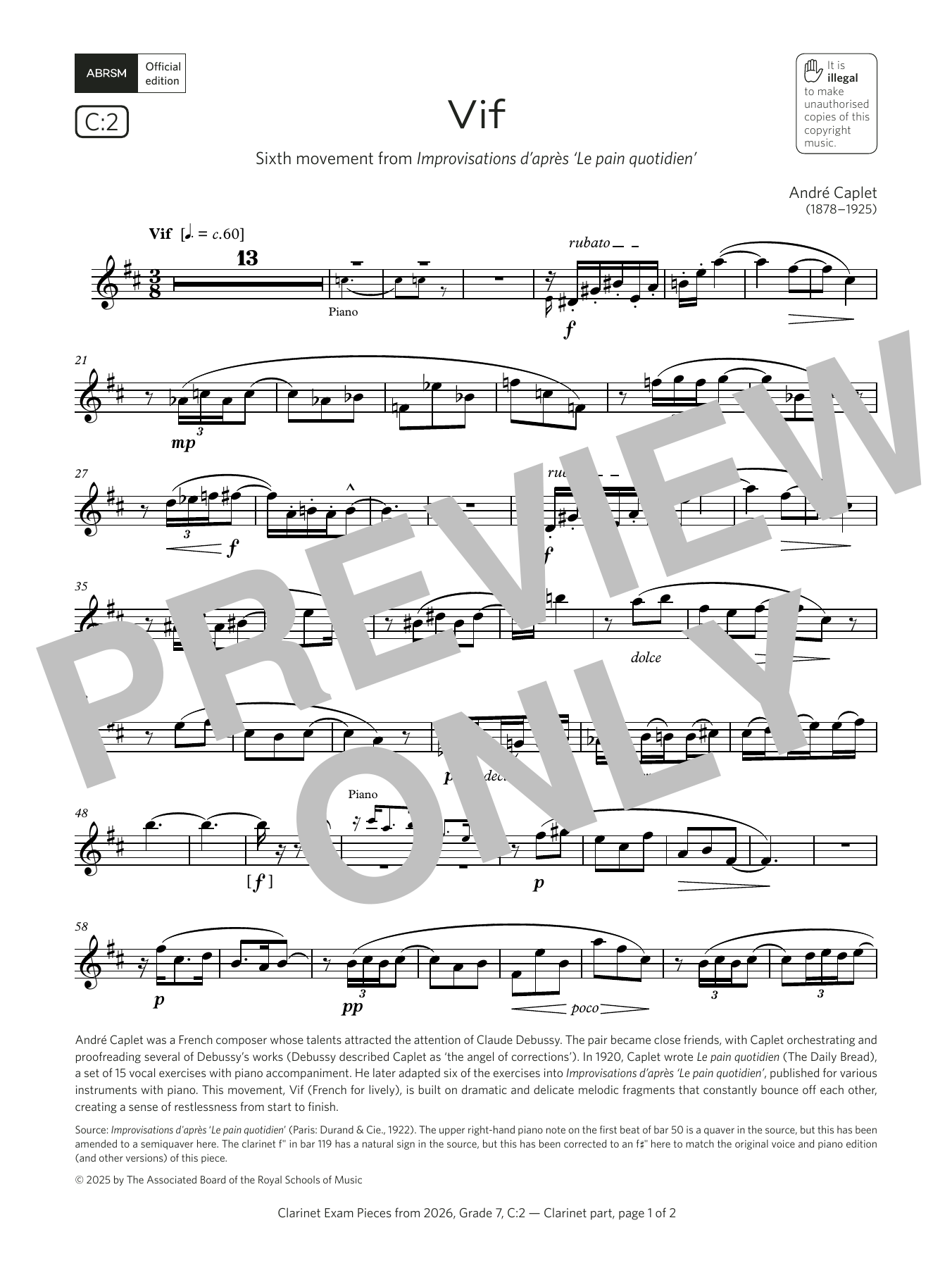 André Caplet Vif (Grade 7, list C2, from the ABRSM Clarinet Syllabus from 2026) Sheet Music & Chords for Clarinet Solo - Download or Print PDF