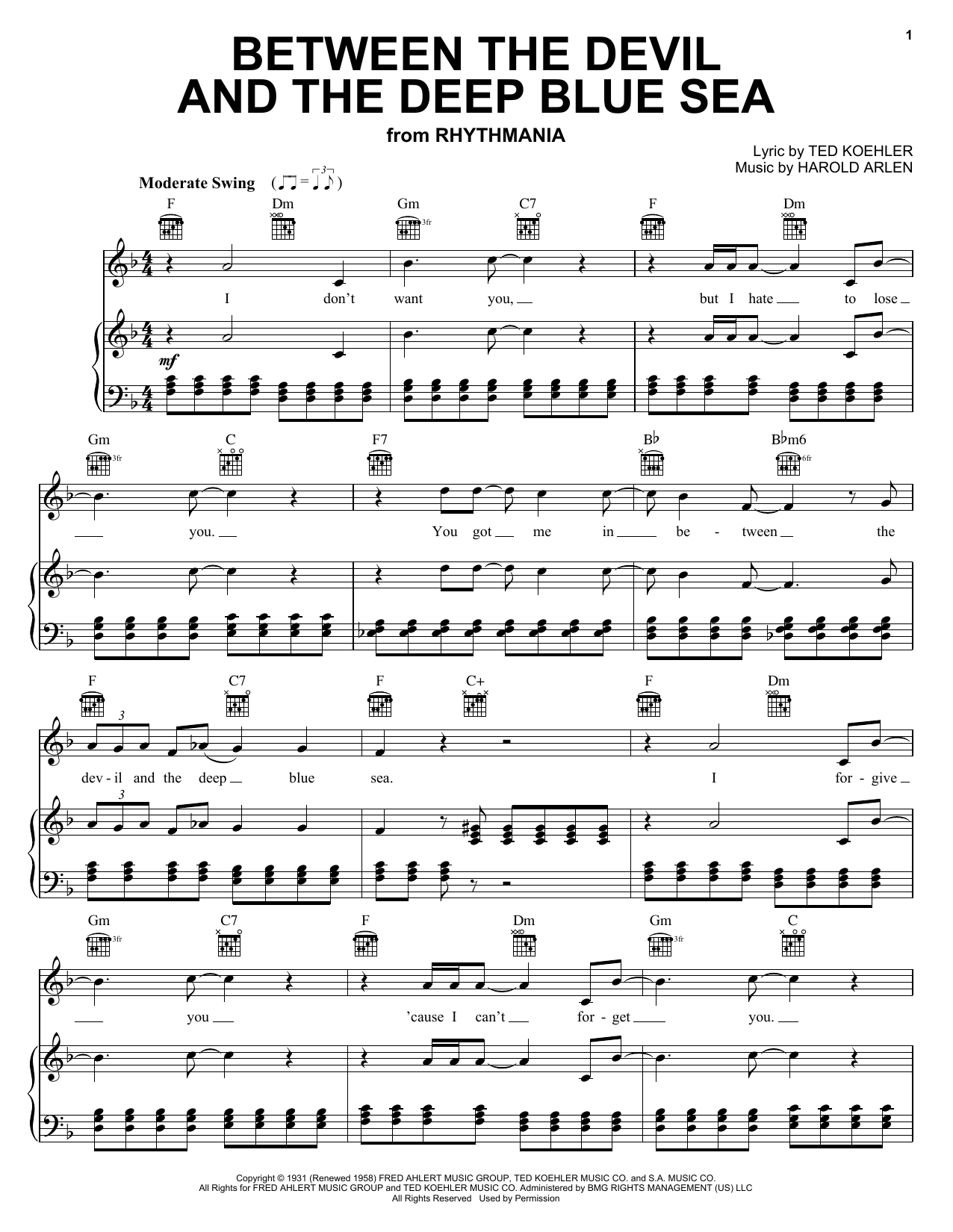 Preview Andre Previn Between The Devil And The Deep Blue Sea Jazz sheet music, notes and chords for Piano, Vocal & Guitar (Right-Hand Melody), SKU: 25338 Download Andre Previn Between The Devil And The Deep Blue Sea sheet music and printable PDF score & Jazz music notes