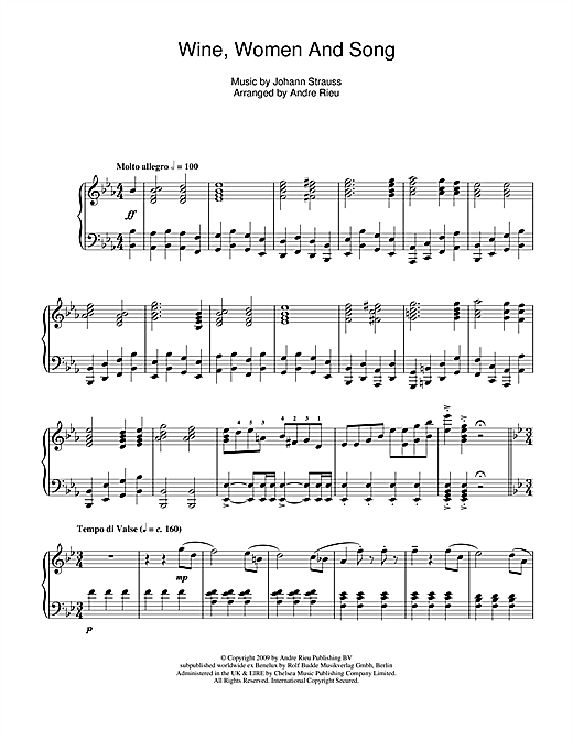 Preview Andre Rieu Wine, Women And Song Classical sheet music, notes and chords for Piano, SKU: 101401 sheet music, piano notes, chords, guitar tabs, score, transpose, transcribe, how to play, guide, download, learn, tutorial, progression, song, artist, awards, billboard, mtv, vh1, tour, single, album, release