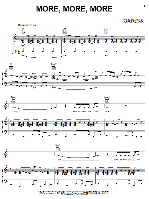 Andrea True More, More, More Sheet Music & Chords for Piano, Vocal & Guitar (Right-Hand Melody) - Download or Print PDF