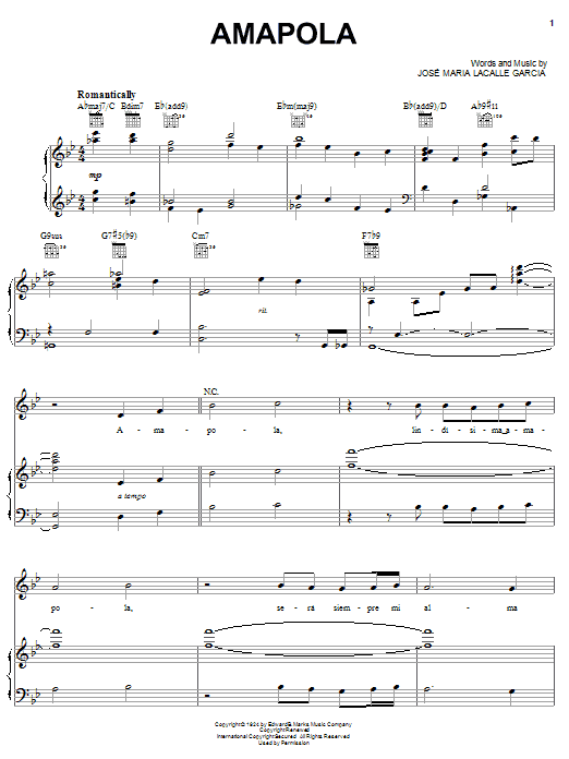 Preview Andrea Bocelli Amapola (Pretty Little Poppy) Pop sheet music, notes and chords for Piano, Vocal & Guitar (Right-Hand Melody), SKU: 62604 Download Andrea Bocelli Amapola (Pretty Little Poppy) sheet music and printable PDF score & Pop music notes