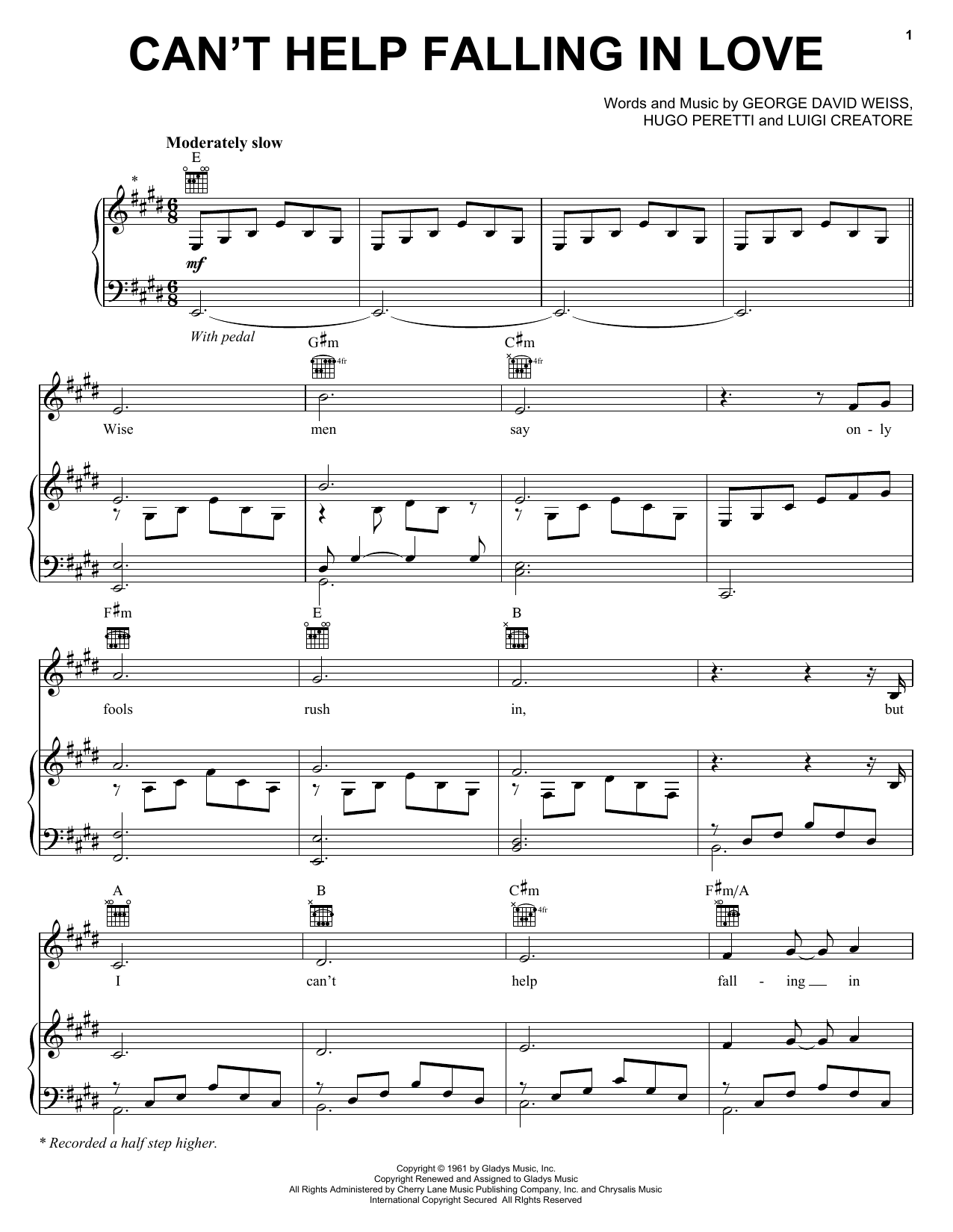 Preview Andrea Bocelli Can't Help Falling In Love Pop sheet music, notes and chords for Piano, Vocal & Guitar (Right-Hand Melody), SKU: 62598 sheet music, piano notes, chords, guitar tabs, score, transpose, transcribe, how to play, guide, download, learn, tutorial, progression, song, artist, awards, billboard, mtv, vh1, tour, single, album, release