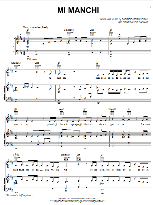 Preview Andrea Bocelli Mi Manchi Classical sheet music, notes and chords for Piano, Vocal & Guitar (Right-Hand Melody), SKU: 62599 sheet music, piano notes, chords, guitar tabs, score, transpose, transcribe, how to play, guide, download, learn, tutorial, progression, song, artist, awards, billboard, mtv, vh1, tour, single, album, release