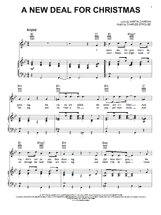 Preview Andrea McArdle A New Deal For Christmas Film and TV sheet music, notes and chords for Piano, Vocal & Guitar (Right-Hand Melody), SKU: 51322 sheet music, piano notes, chords, guitar tabs, score, transpose, transcribe, how to play, guide, download, learn, tutorial, progression, song, artist, awards, billboard, mtv, vh1, tour, single, album, release