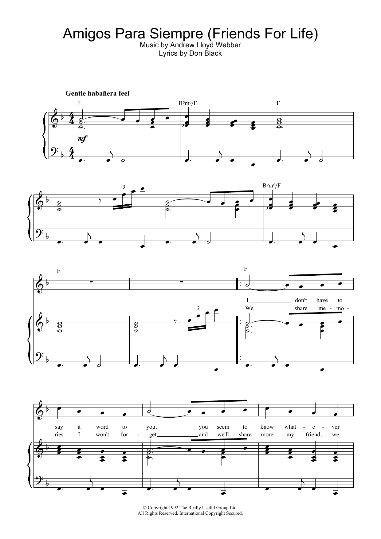 Download Andrew Lloyd Webber Amigos Para Siempre (Friends For Life) sheet music and printable PDF score & Musicals music notes