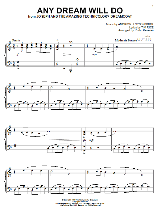 Andrew Lloyd Webber Any Dream Will Do (from Joseph And The Amazing Technicolor Dreamcoat) Sheet Music & Chords for Piano - Download or Print PDF