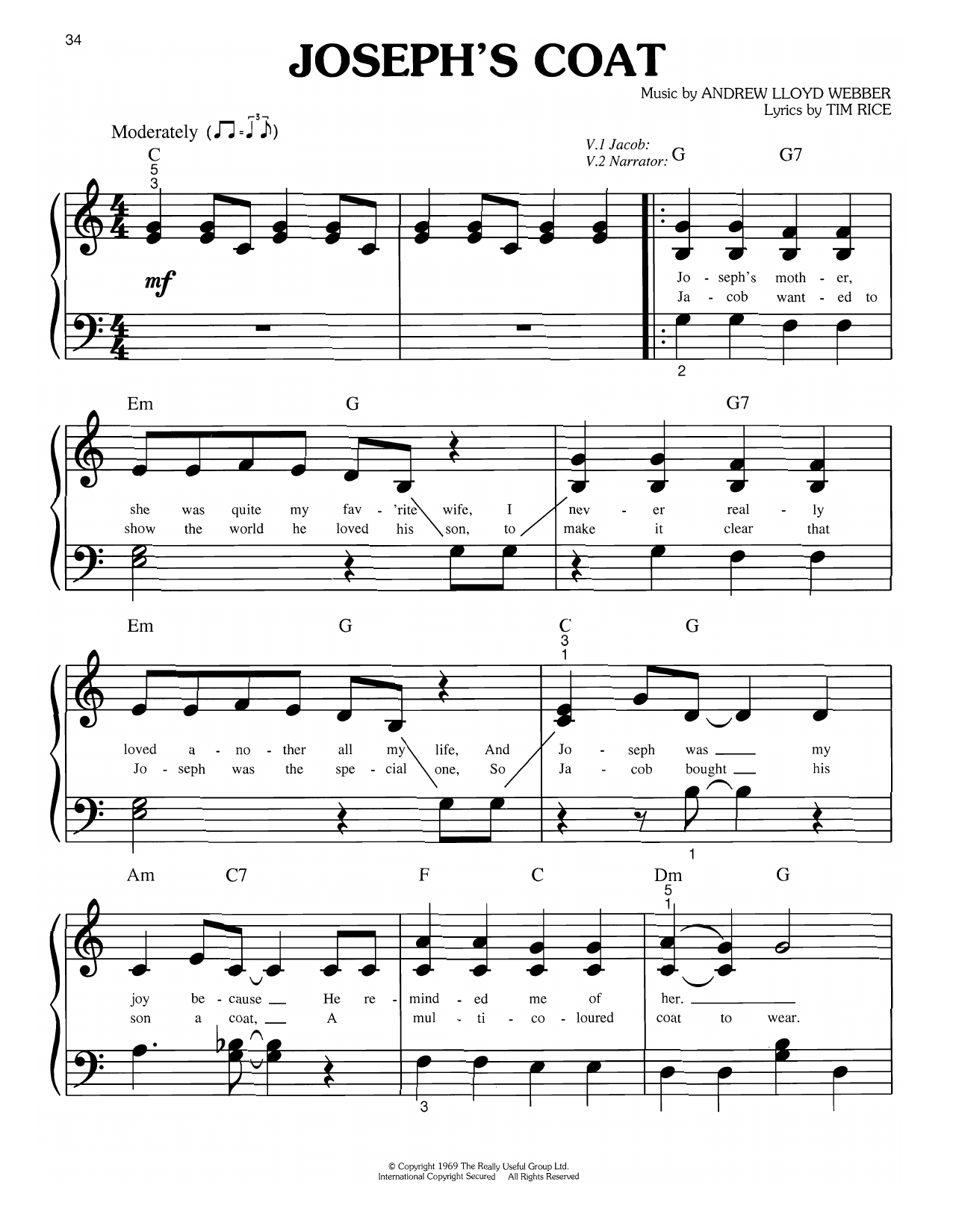 Andrew Lloyd Webber Joseph's Coat (from Joseph and the Amazing Technicolor Dreamcoat) Sheet Music & Chords for Big Note Piano - Download or Print PDF